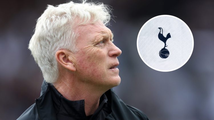 Everton manager David Moyes looking on. Inset of Tottenham Hotspur badge.
