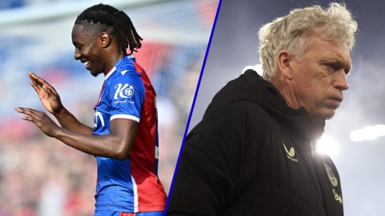 Split image of Crystal Palace's Eberiche Eze celebrating against Aston Villa and Everton manager David Moyes.
