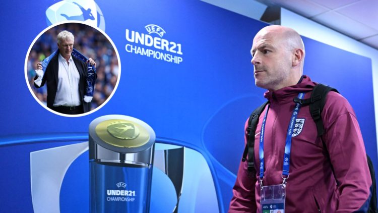 England U21 manager Lee Carsley walks past the European Championship trophy (right), Everton manager David Moyes wearing a scarf (inset)
