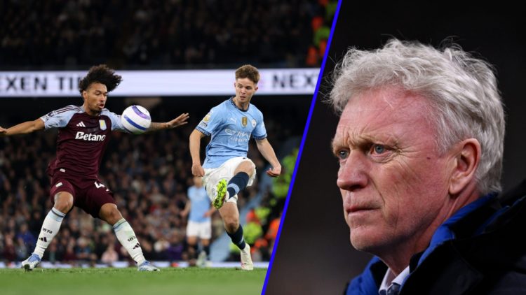 Everton manager David Moyes looks on (right), James McAtee playing for Manchester City (left)
