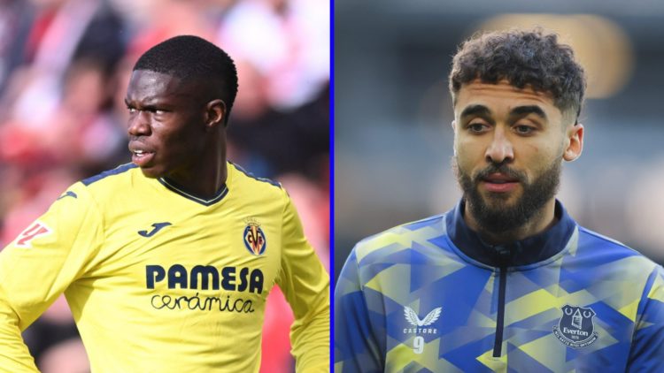 Thierno Barry puts his hands on his hips (left), Dominic Calvert-Lewin warming up for Everton (right)