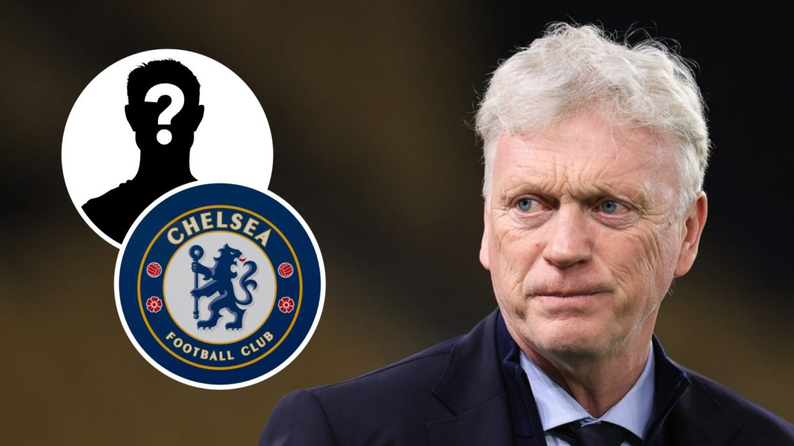 Everton manager David Moyes looks on (right), Chelsea badge (lower inset), mystery player (upper inset)