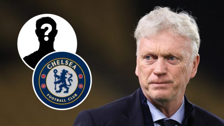 Everton manager David Moyes looks on (right), Chelsea badge (lower inset), mystery player (upper inset)