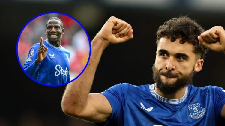Everton striker Dominic Calvert-Lewin celebrates (right), Abdoulaye Doucoure playing for Everton (inset)