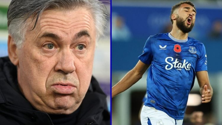 Split image of Carlo Ancelotti as Everton manager and Dominic Calvert-Lewin reacts during Everton vs Fulham.