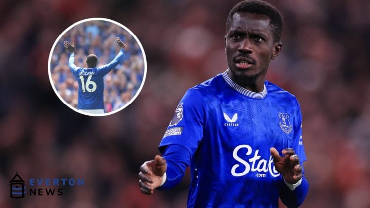 Idrissa Gueye of Everton gestures during the Premier League match between Liverpool FC and Everton FC at Anfield. Inset: Abdoulaye Doucoure