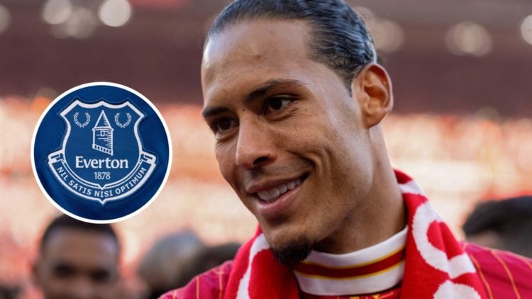 Liverpool defender Virgil van Dijk. Inset of Everton badge.