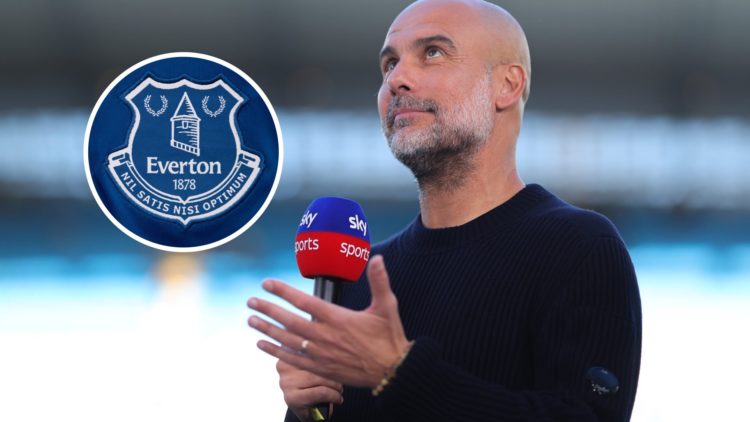Everton manager Pep Guardiola. Inset of Everton badge.