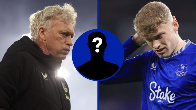 Split image of Everton manager David Moyes in 2025 and Jarrad Branthwaite playing for Everton. Inset, EN Mystery player.
