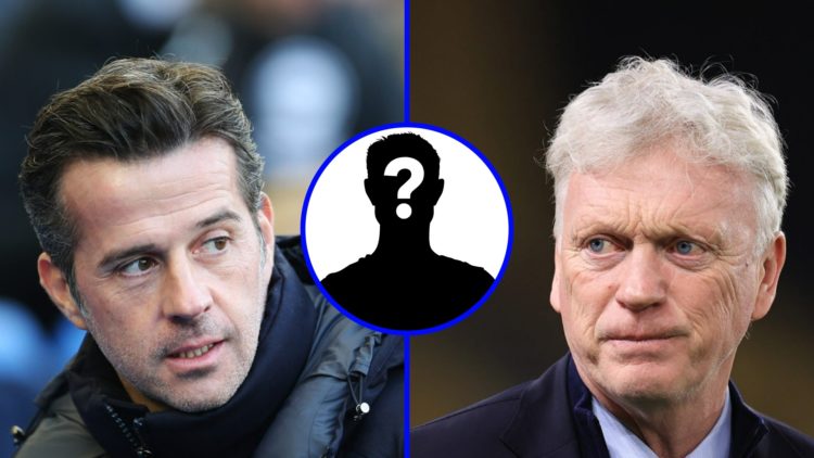 Fulham manager Marco Silva (left), Everton manager David Moyes (right), mystery player (inset)