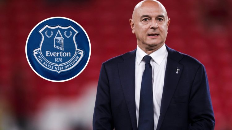 Tottenham Hotspur owner Daniel Levy. Inset of Everton badge.