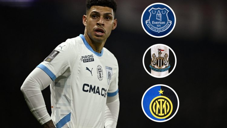 Marseille winger Luis Henrique. Inset of Everton, Newcastle United and Inter Milan badge.