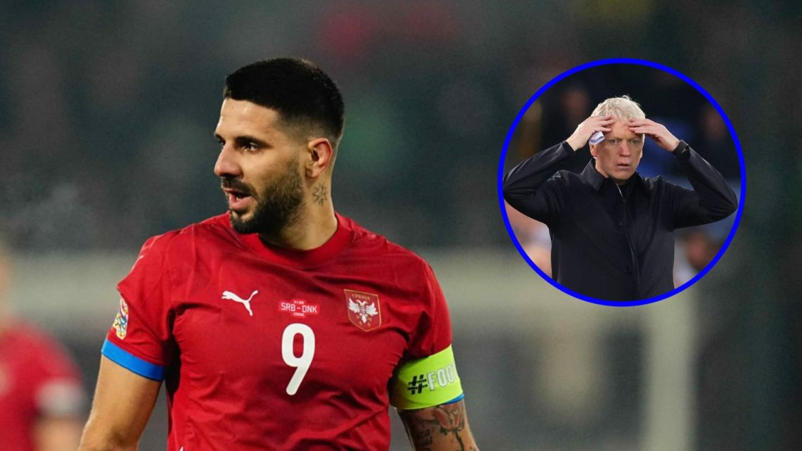 Aleksandar Mitrovic playing for Serbia (left), Everton manager David Moyes puts his hands on his head (inset)