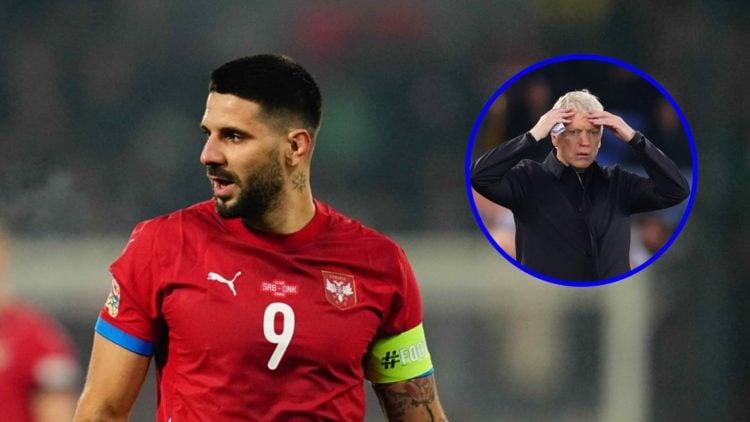 Aleksandar Mitrovic playing for Serbia (left), Everton manager David Moyes puts his hands on his head (inset)