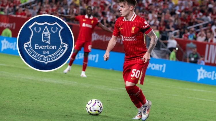 Ben Doak of Liverpool during the pre-season friendly match between Arsenal FC and Liverpool FC. Inset: The Everton badge