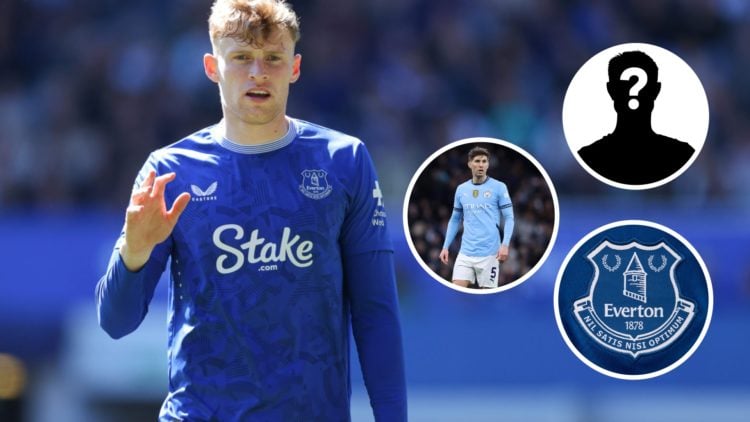 Jarrad Branthwaite of Everton during the Premier League match between Everton FC and Ipswich Town FC at Goodison Park. Inset: The Everton badge, a ...