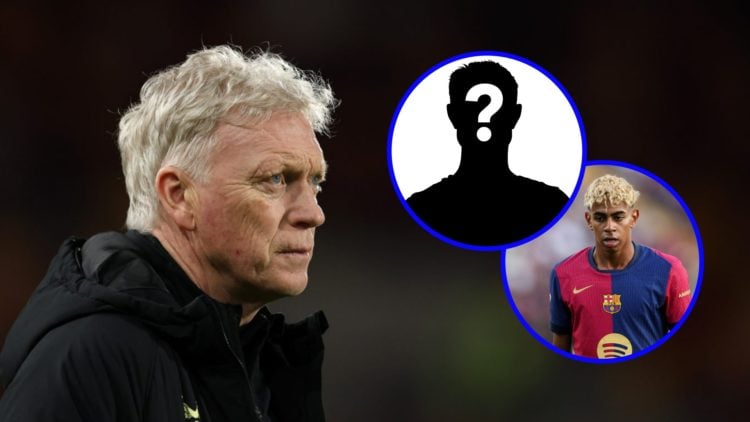 Everton manager David Moyes looks on (left), Barcelona player Yamine Lamal in action (lower inset), mystery player (upper inset)