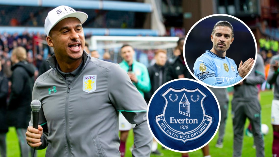 Gabriel Agbonlahor of Aston Villa during the Sky Bet Championship match between Aston Villa and Derby County. Inset: The Everton crest and Man City...