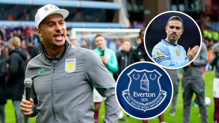 Gabriel Agbonlahor of Aston Villa during the Sky Bet Championship match between Aston Villa and Derby County. Inset: The Everton crest and Man City...