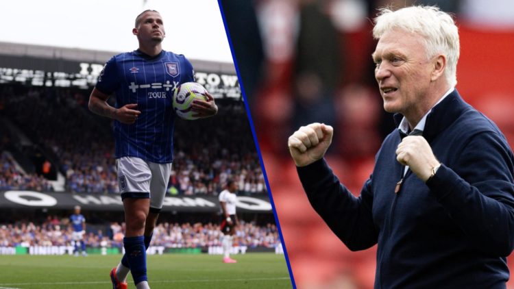 Split image of Kalvin Phillips playing for Ipswich Town in 2025 and Everton manager David Moyes.