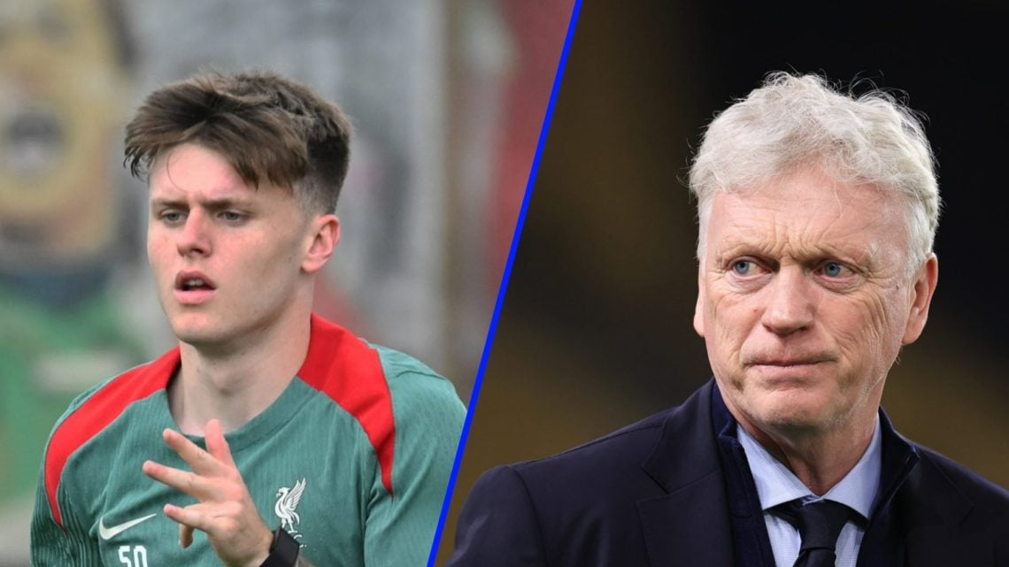 Ben Doak in Liverpool training (left), Everton manager David Moyes looks on (right)