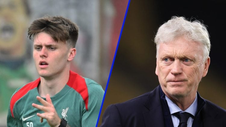Ben Doak in Liverpool training (left), Everton manager David Moyes looks on (right)