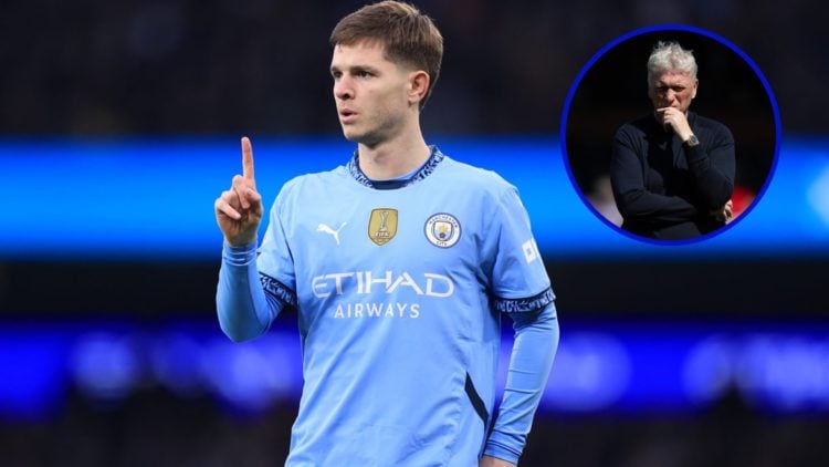 Manchester City midfielder James McAtee. Inset, David Moyes, manager of Everton in 2025.
