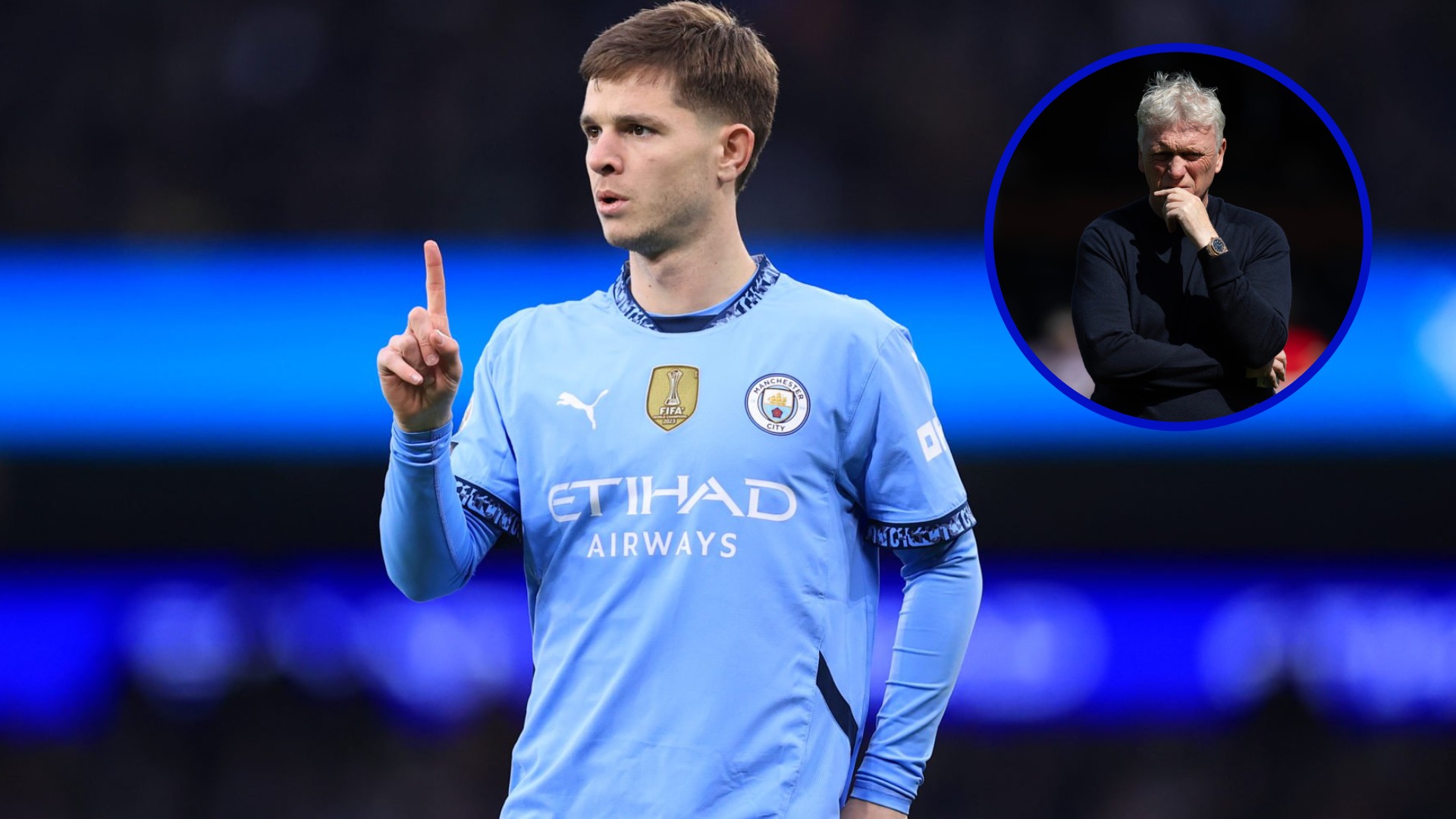 Manchester City midfielder James McAtee. Inset, David Moyes, manager of Everton in 2025.