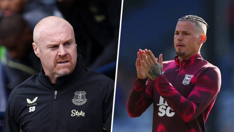 Sean Dyche, Manager of Everton, looks on prior to the Premier League match between Manchester City FC and Everton FC. Kalvin Phillips of Ipswich To...