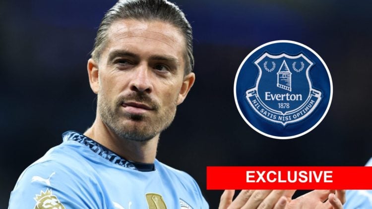 Jack Grealish applauds the fans after a Premier League game between Manchester City and AFC Bournemouth. Inset: the Everton badge and an exclusive ...