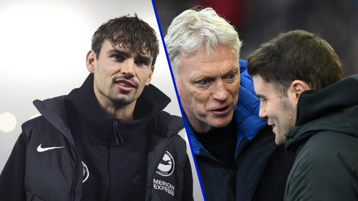 Split image of Brighton player Matt O'Riley and Everton manager David Moyes with Brighton boss Fabian Hurzeler.