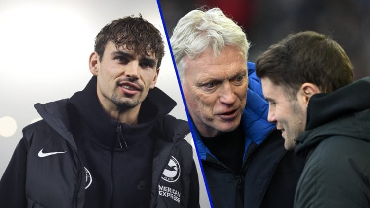 Split image of Brighton player Matt O'Riley and Everton manager David Moyes with Brighton boss Fabian Hurzeler.