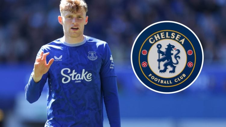 Jarrad Branthwaite of Everton during the Premier League match between Everton FC and Ipswich Town FC at Goodison Park. Inset: the Chelsea badge