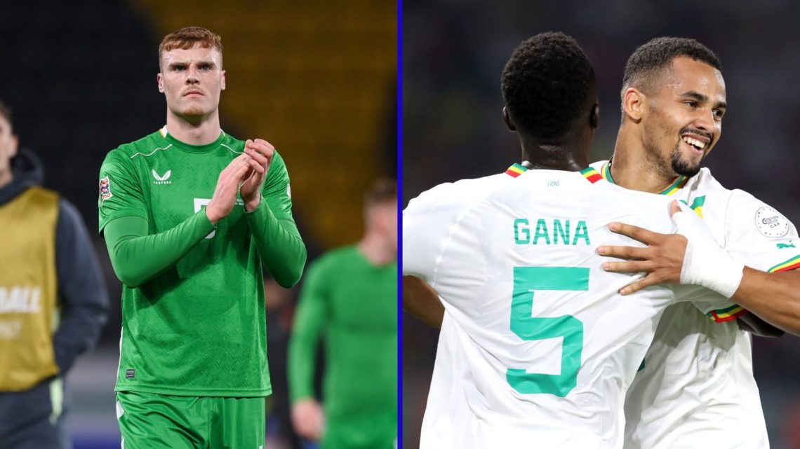 Split image of Everton defender Jake O'Brien playing for Ireland and Everton star Iliman Ndiaye with Senegal.
