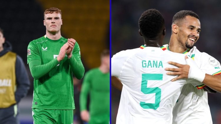 Split image of Everton defender Jake O'Brien playing for Ireland and Everton star Iliman Ndiaye with Senegal.