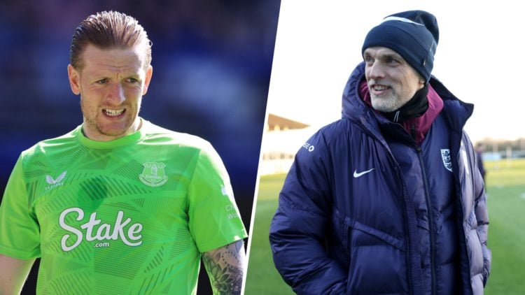 Everton goalkeeper Jordan Pickford looks on during the Premier League match between Everton FC and Arsenal FC. Thomas Tuchel, Head Coach of England...