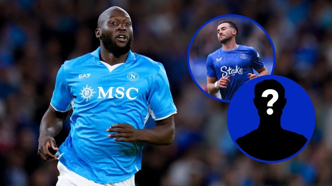 Split image of Romelu Lukaku playing for Napoli in 2025. Inset, Jack Harrison at Everton. Inset, EN Mystery Player.