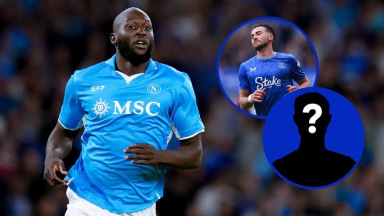 Split image of Romelu Lukaku playing for Napoli in 2025. Inset, Jack Harrison at Everton. Inset, EN Mystery Player.