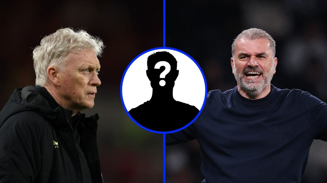 Everton manager David Moyes (left), Tottenham manager Ange Postecoglou (right), mystery player (inset)