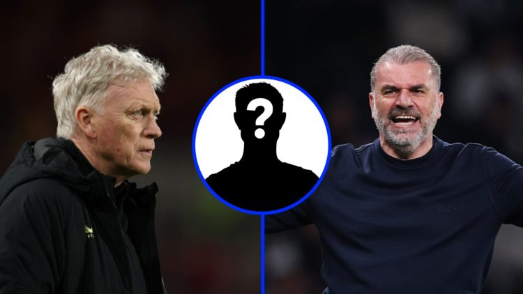 Everton manager David Moyes (left), Tottenham manager Ange Postecoglou (right), mystery player (inset)