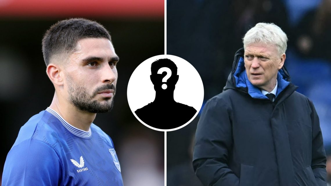 Neal Maupay playing for Everton (left), Everton manager David Moyes looks on (right), mystery player (inset)