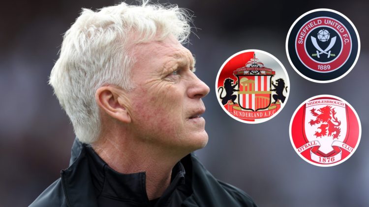Everton manager David Moyes. Inset of Sunderland, Middlesbrough and Sheffield United badge.