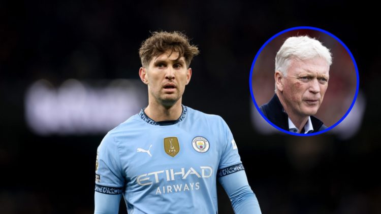 John Stones playing for Manchester City (left), Everton manager David Moyes (inset)