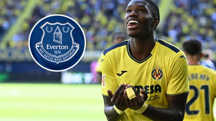Villarreal striker Thierno Barry celebrating. Inset of Everton badge.