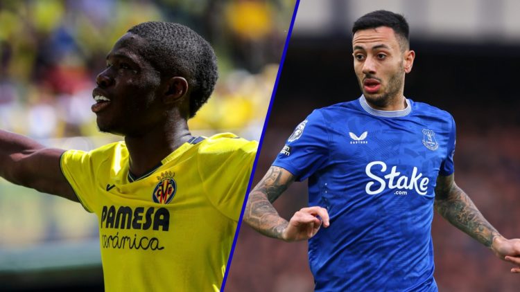 Split image of Villareal striker Thierno Barry and Everton midfielder Dwight McNeil in 2025.