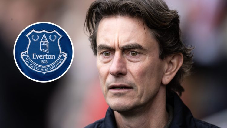 Brentford manager Thomas Frank. Inset of Everton badge.