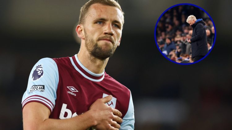 West Ham midfielder Tomas Soucek in 2025. Inset, David Moyes, manager of Everton.