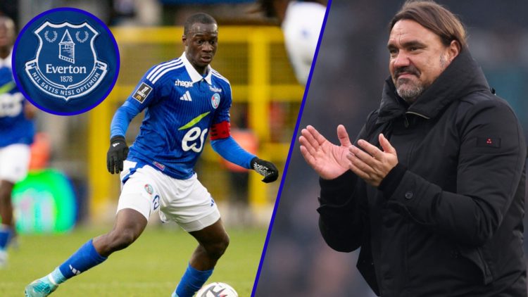 Split image of Strasbourg midfielder Habib Diarra and Leeds United manager Daniel Farke. Inset, Everton badge.