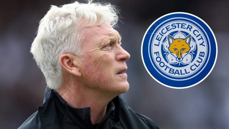 Everton manager David Moyes looking on. Inset of Leicester City badge.