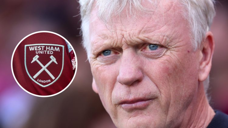Everton manager David Moyes. Inset of West Ham United badge.